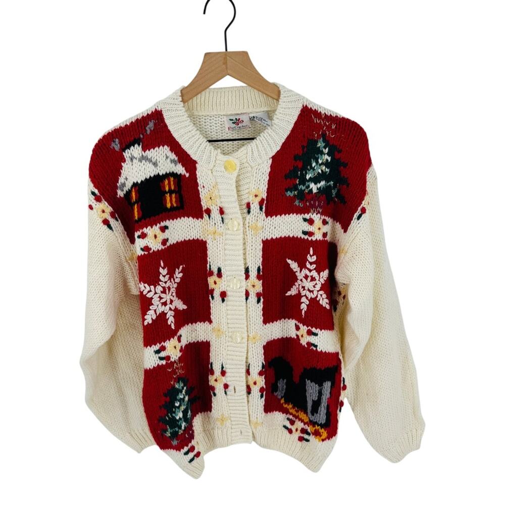 Vintage NutCracker Holiday Knit Cardigan Red Ivory Christmas Sweater Size M